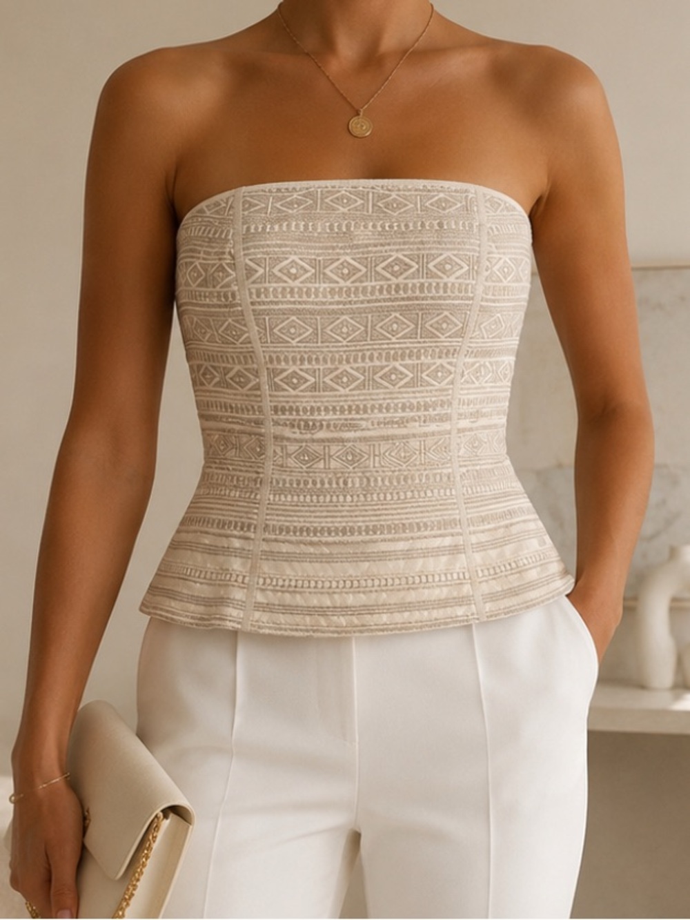White House Black Market Strapless Embroidered Diamond Jacquard Bustier Top